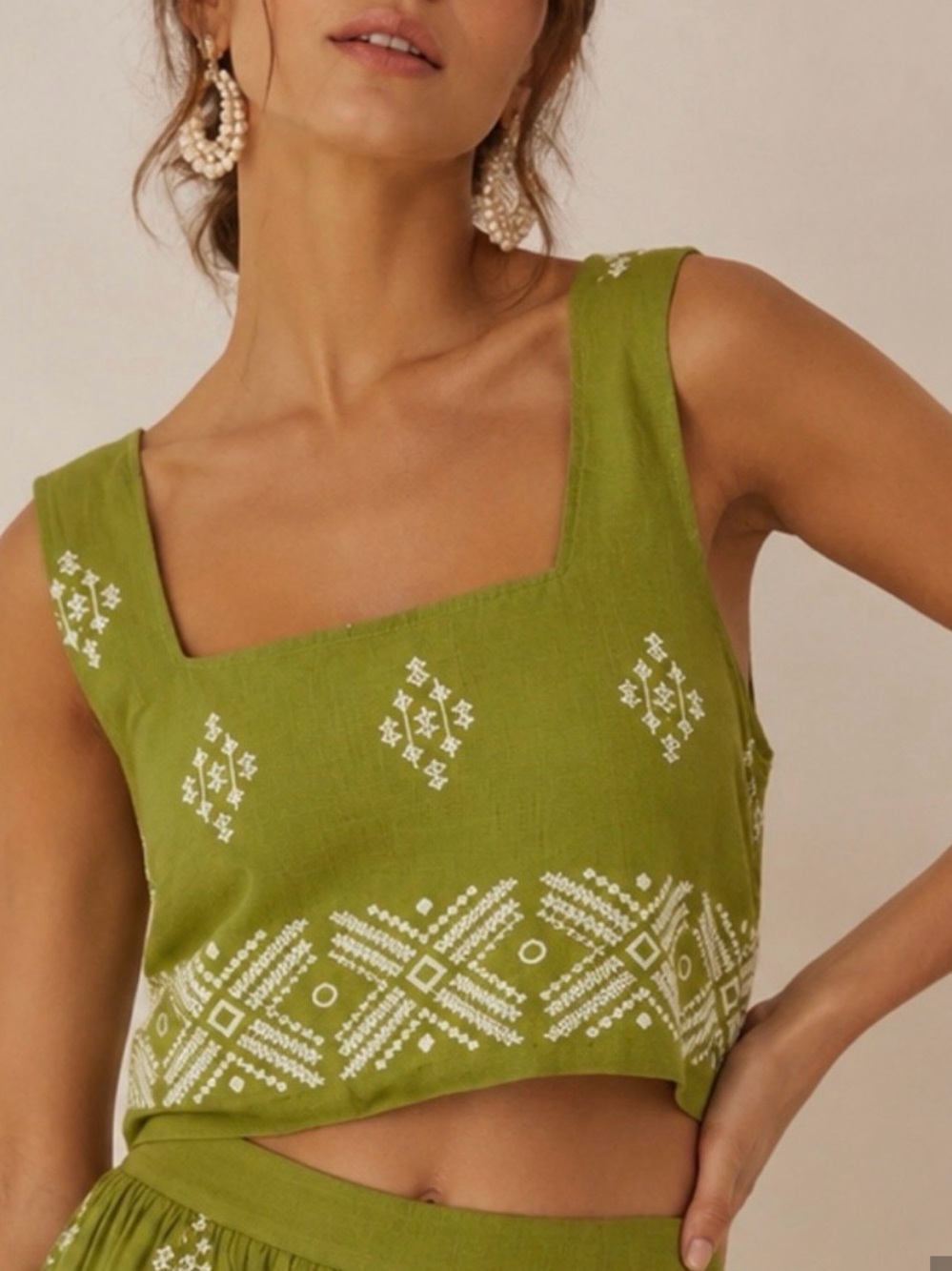Calypso St. Barth Olive Green Embroidered Square-Neck Crop Top